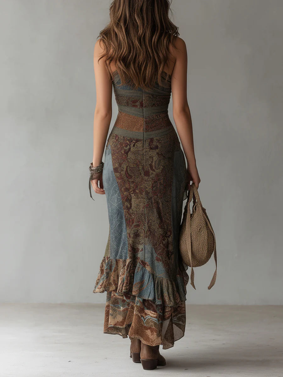 Elena  Bold One-Shoulder Printed Maxi Dress with Ruffled Slit.