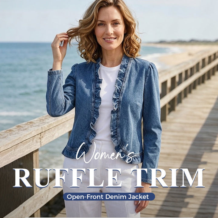 Women's Denim Jacket with Ruffles & Open Front – Lightweight & Feminine – Versatile & Chic