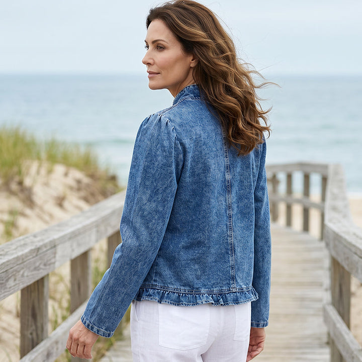 Women's Denim Jacket with Ruffles & Open Front – Lightweight & Feminine – Versatile & Chic