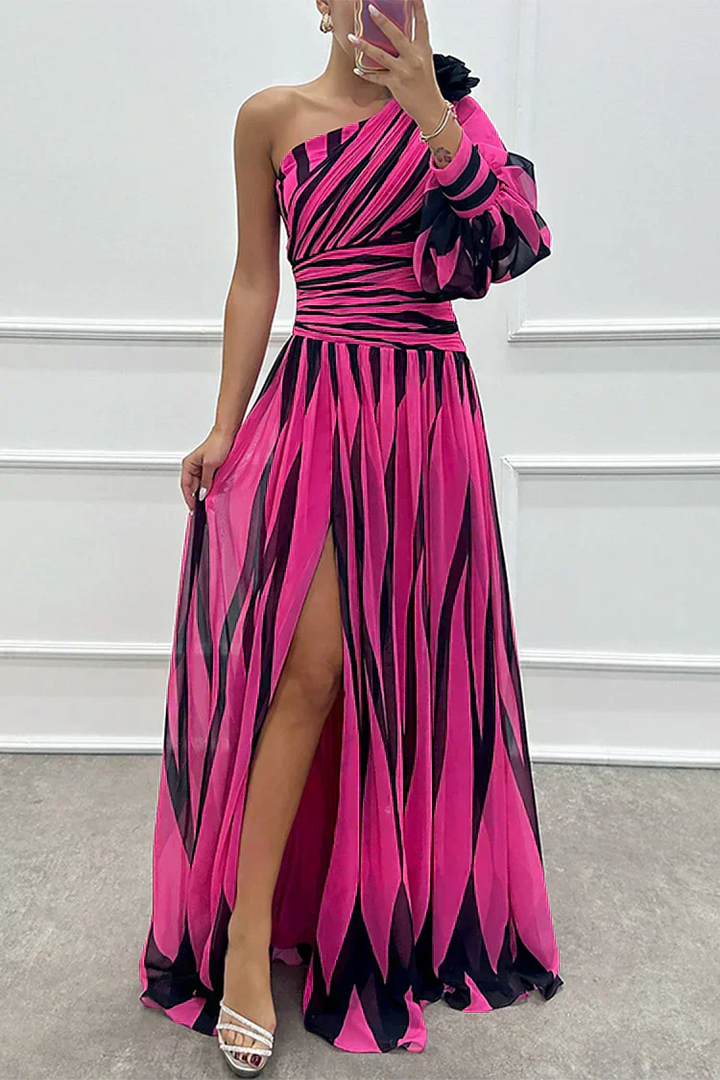 Hazel™ | Elegant Striped Maxi Dress with One Shoulder