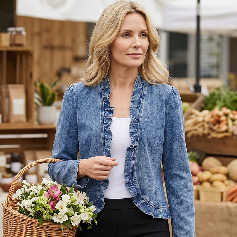 Women's Denim Jacket with Ruffles & Open Front – Lightweight & Feminine – Versatile & Chic