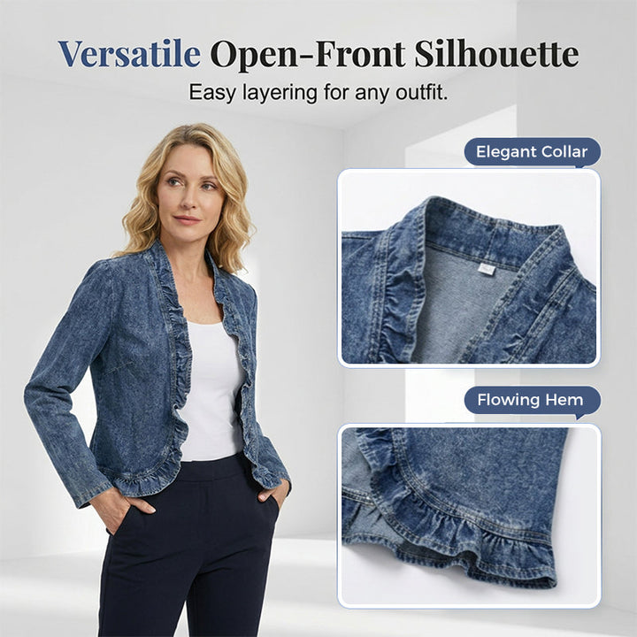 Women's Denim Jacket with Ruffles & Open Front – Lightweight & Feminine – Versatile & Chic