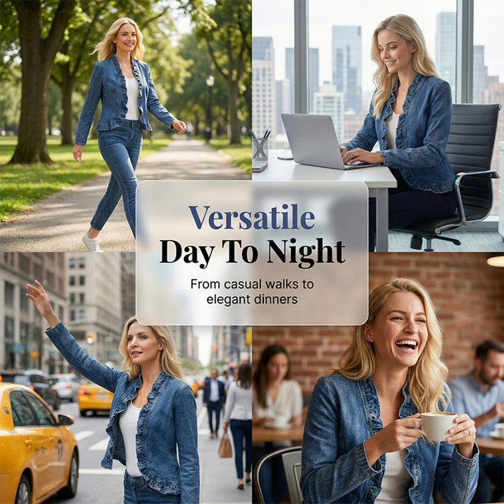 Women's Denim Jacket with Ruffles & Open Front – Lightweight & Feminine – Versatile & Chic