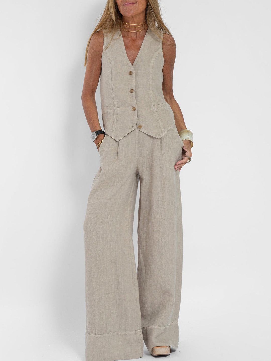 AIRA | Buttoned Vest & Wide-Leg Set