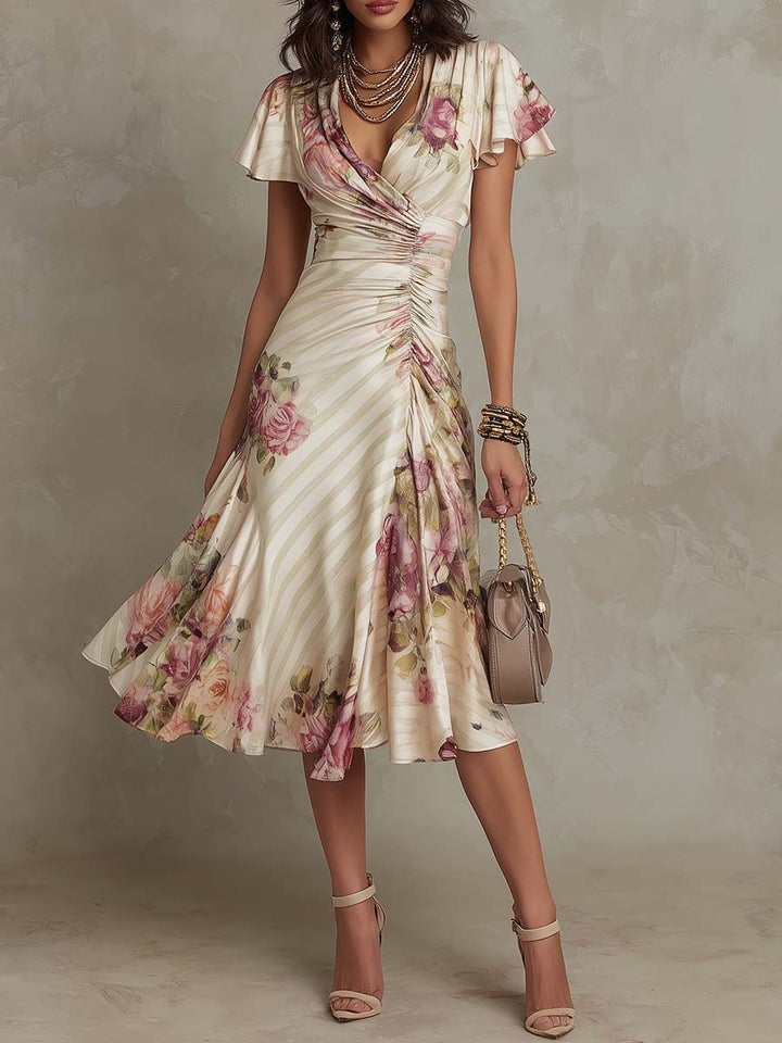 Alba Elegant Floral Ruched Wrap Midi Dress