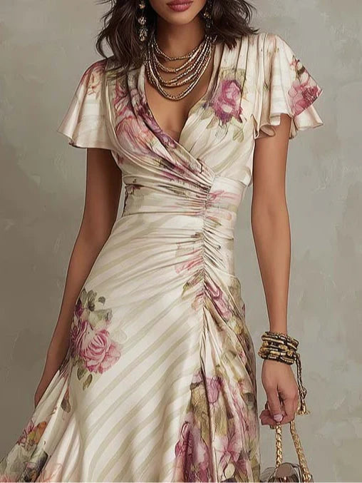 Alba Elegant Floral Ruched Wrap Midi Dress
