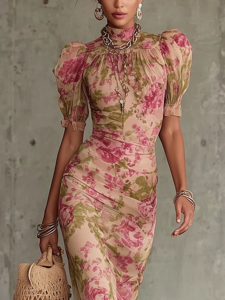 Fiora Romantic Vintage Rose Puff Sleeve Maxi Dress