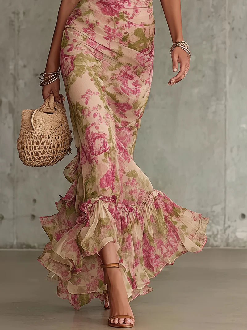 Fiora Romantic Vintage Rose Puff Sleeve Maxi Dress