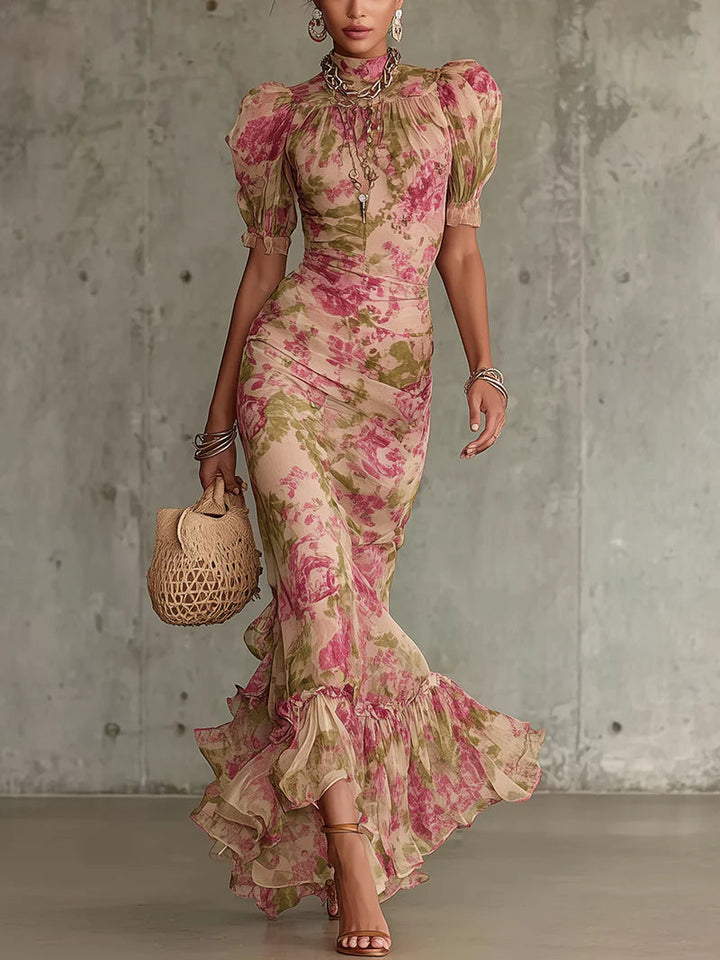Fiora Romantic Vintage Rose Puff Sleeve Maxi Dress