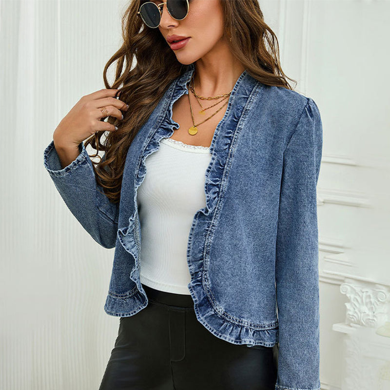 Women's Denim Jacket with Ruffles & Open Front – Lightweight & Feminine – Versatile & Chic